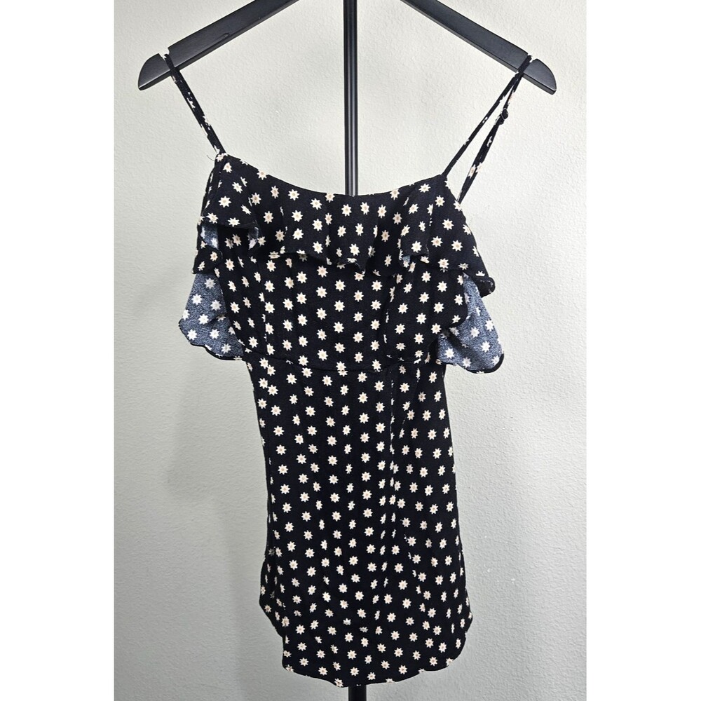 Free People XS Black Daisy Print Cold Shoulder Top Ruffle Trim Boho Rayon‎ Cami